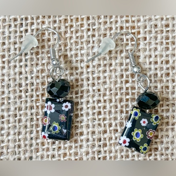 Black Glass Bead Floral Necklace Earrings Set Millefiori Whimsigoth Dark Romance - Picture 3 of 6